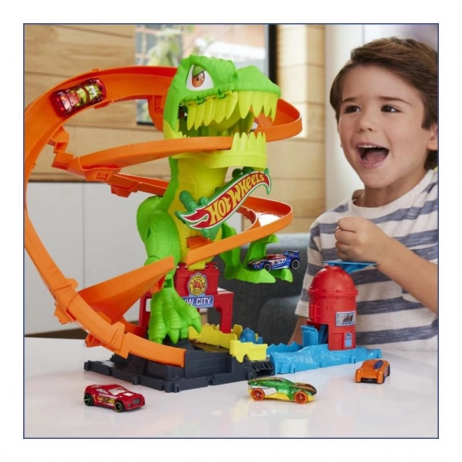 T-rex attacks the fire station from Hot Wheels city