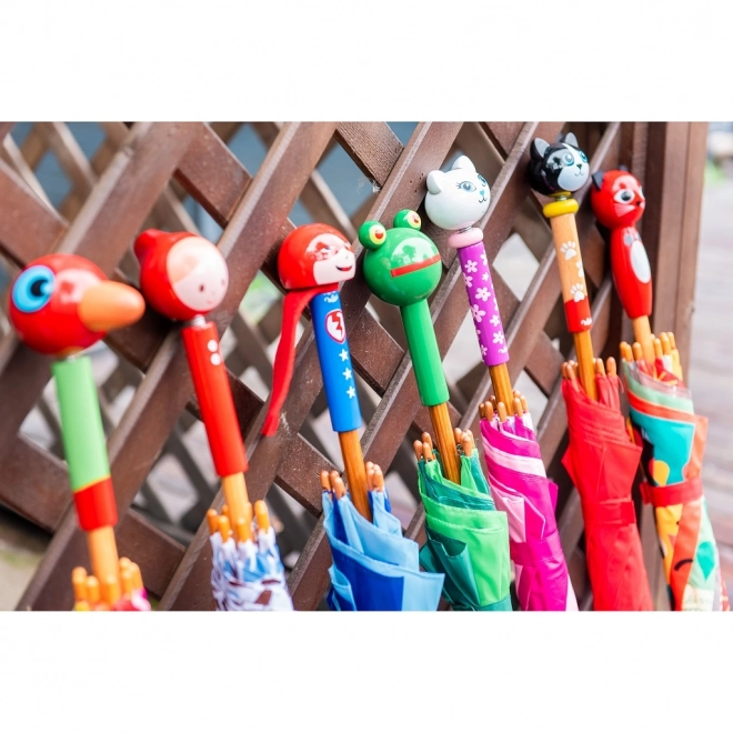 Kleurrijke kinderparaplu met handvat in de vorm van een kat