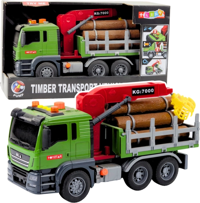 Log transport truck with crane and lights