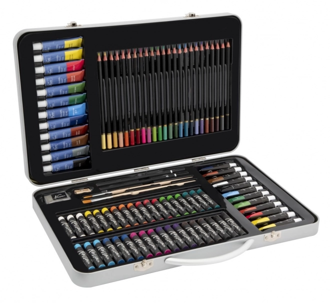 Set de fournitures artistiques dans une mallette en métal