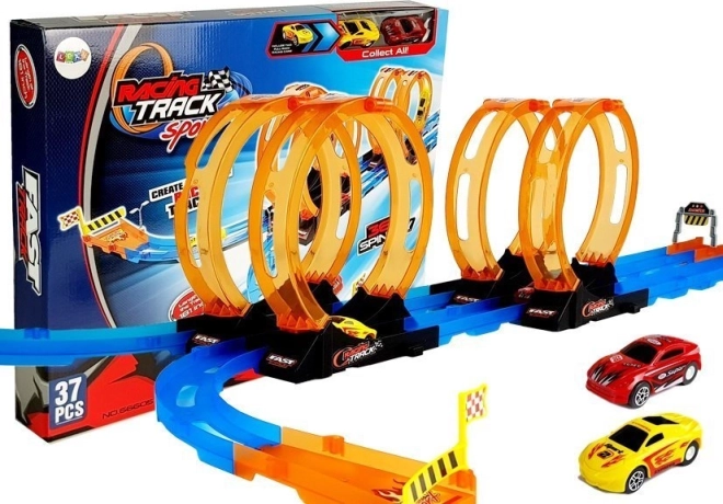 Racebaan met 4 loopings, 2 autootjes, lengte 181 cm