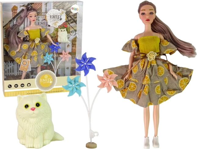 Fabric Doll Emily with Pinwheels and Kitten