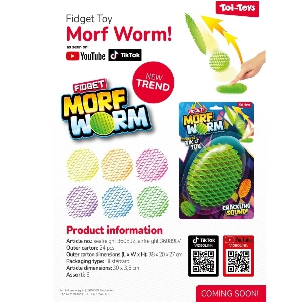 Fidget worm veranderlijke vorm stressverlagende plastic 13cm 6 kleuren op kaart