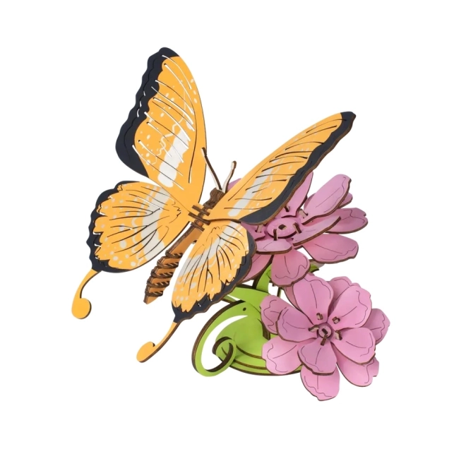Casse-tête 3D en bois Papillon sur fleurs coloré