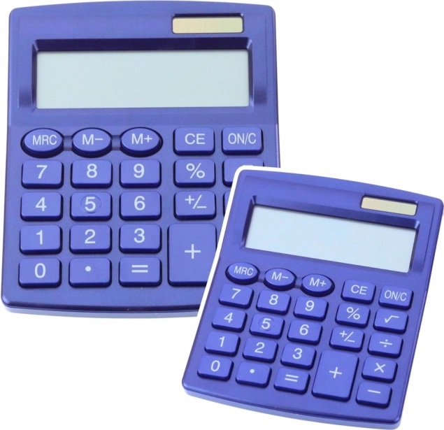 Calculatrice de bureau bleue avec double alimentation