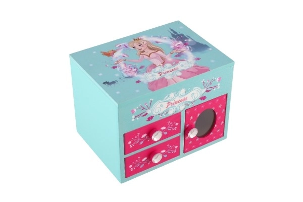 Juwelenkastje Princess 3 lades met opklapbare bovenkant met spiegel hout 16x12,5x12cm in doos