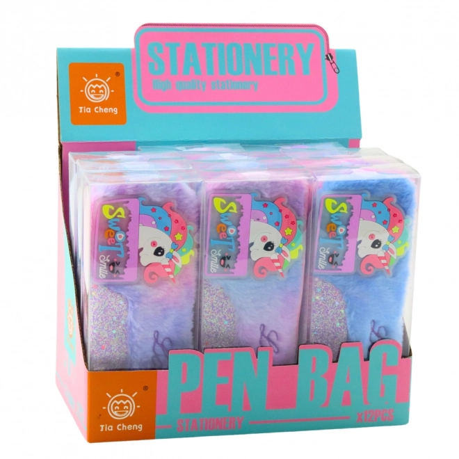 Plüsch-Federmäppchen mit Einhorn, blau mit glitzernden Elementen