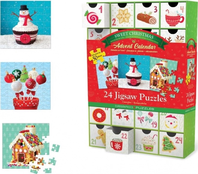 Adventskalender met Puzzel Eurographics 24 x 50 Stuks – Zoete Kerst
