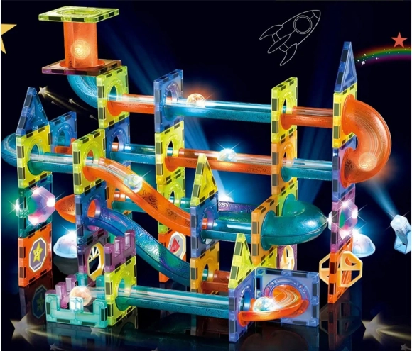Magnetische knikkerbaan kunststof 110 stuks 16 knikkers + accessoires op batterijen in doos 36x28x9cm
