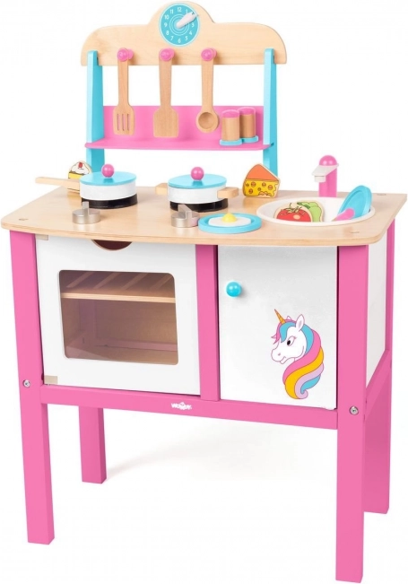 WOODY houten kinderkeukentje eenhoorn – 17 stuks accessoires, werkhoogte 50 cm