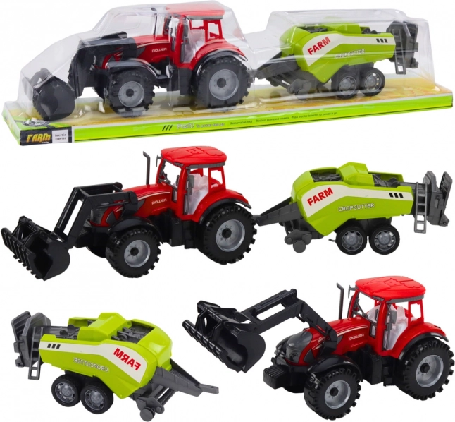 Rode tractor met lader en hooipers – plastic boerderijspeelgoed