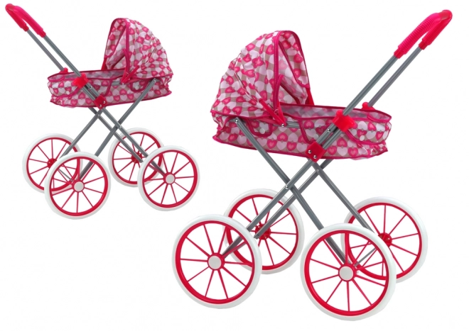 Poppenwagen met grote wielen inklapbaar Roze hartjes