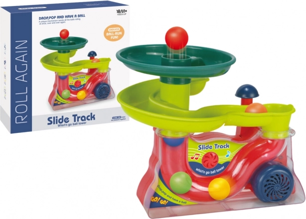 Interactive ball fountain with sounds, colorful downhill track