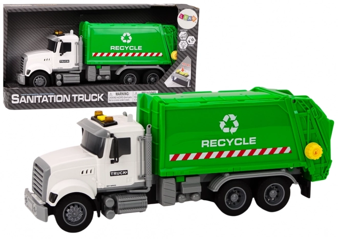 White-green toy garbage truck with light and sound effects
