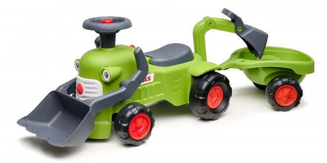 Rijdende tractor Claas met aanhanger, lader en schep