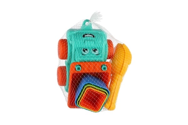 Zandset 6st kunststof auto met vrije loop met accessoires 2 kleuren in net 16x13x21cm 12m+
