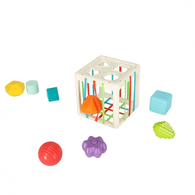Flexibele sensorische kubus met vierkante puzzelblokken en vormensorteerder