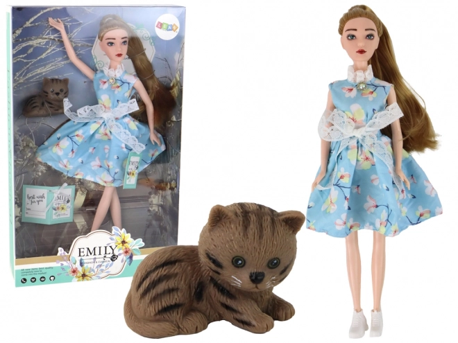 Emily Babypop Lente lange haren Blauwe Jurk Kat