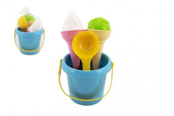 Zandset plastic emmer + ijsvormpjes in net 12x17x12cm 12m+