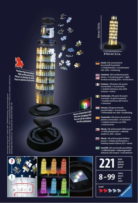 RAVENSBURGER Puzzle 3D lumineux Édition de nuit Tour penchée de Pise 216 pièces
