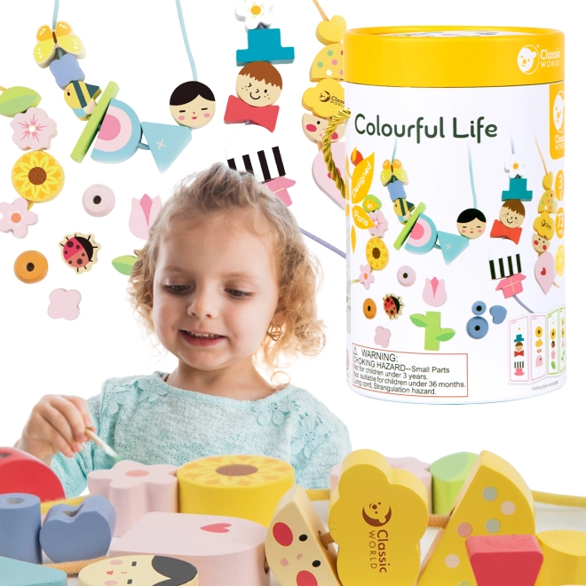 Classic World wooden threading beads and dress-up set for children, 73 pieces