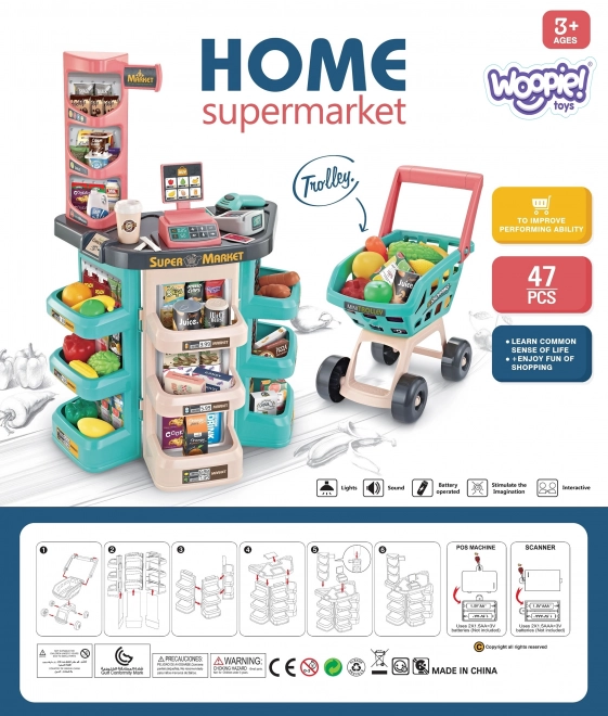 Children's supermarket with shopping cart and 47 accessories Woopie