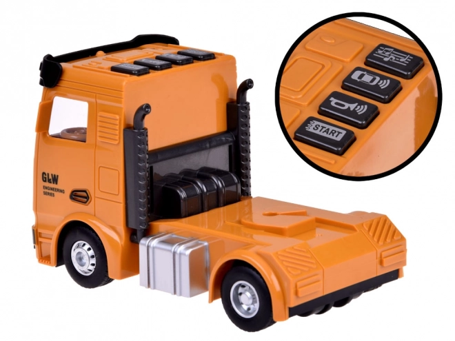 Interactieve set vrachtwagen met uitklapbare oplegger, kraan en heftruck