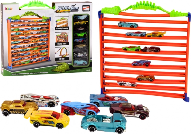 Garage et circuit de course 2-en-1 avec boucle 360° et 8 petites voitures