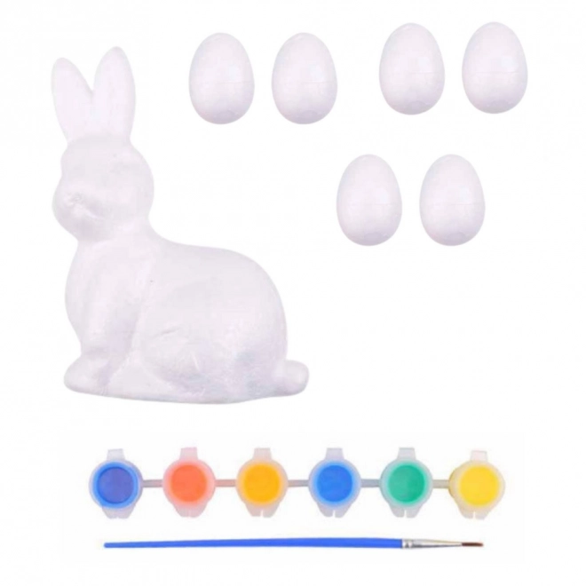 Set van polystyreen eieren en een konijnenfiguurtje om te schilderen