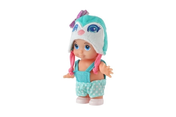 Poupée/bébé avec bonnet, plastique corps rigide 15cm, 4 types dans boîte 9x16x6cm