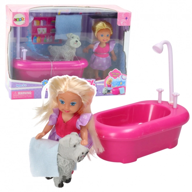 Mini set pop met bad en witte hondje