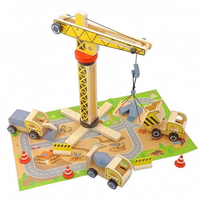 Houten bouwset 5v1 met kraan en bouwvoertuigen WOOPIE GREEN