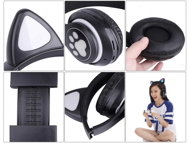 Wireless headphones bluetooth radio fm mp3 cat ears led backlight – Black