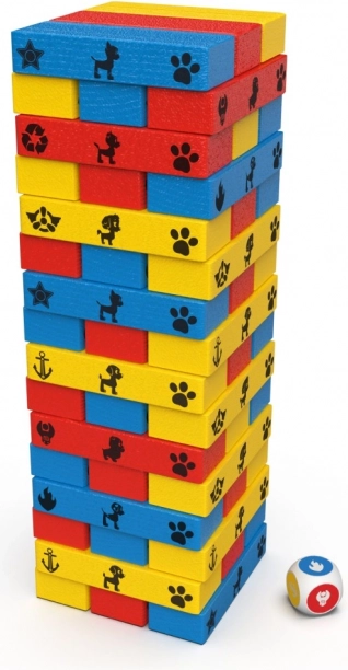 Colorful wooden tower with a die