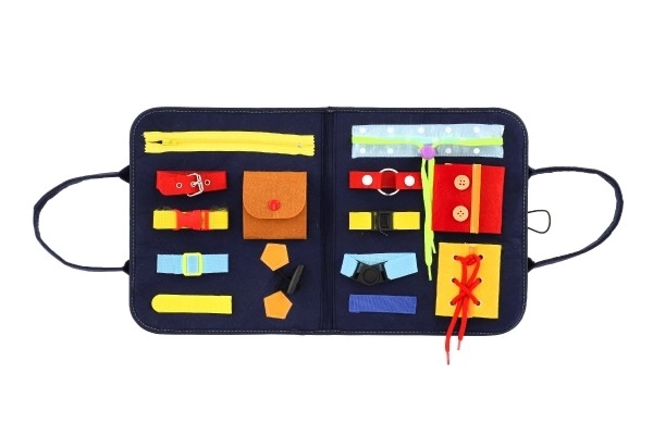 Educatief etui vilt met ritsen en knopen in zak 24x27x4cm