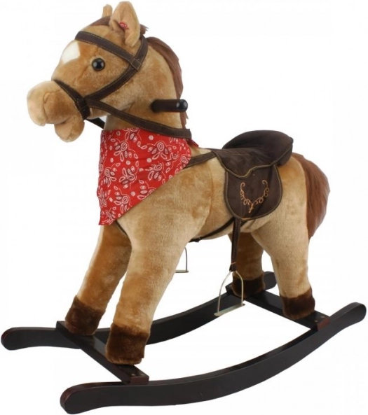 Brown rocking horse with sound effects, scarf, and moving mouth