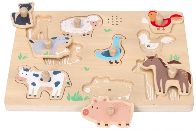 Houten inlegpuzzel met geluiden - dieren van de Boerderij