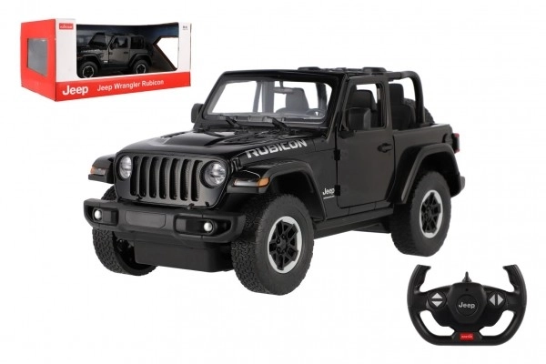 Auto RC Jeep Wrangler Rubicon zwarte plastic 29cm 2,4GHz op afstandsbed. op batterijen in doos 44x19x26cm