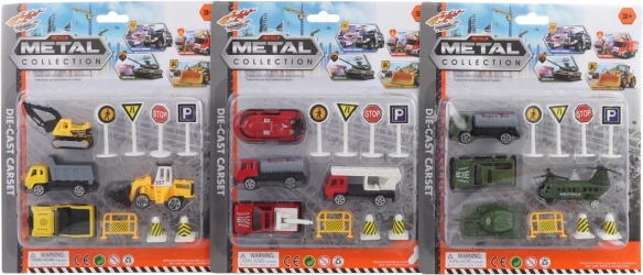 Set aus Metallautos mit Verkehrsschildern