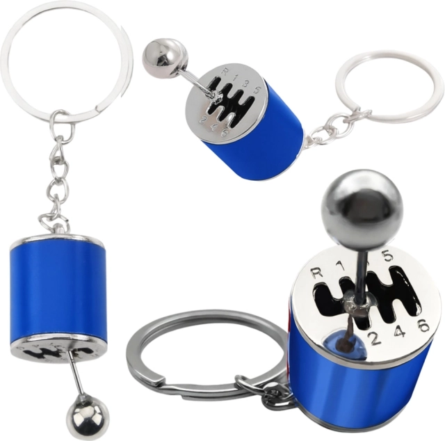 Metal keychain in the shape of a manual gearbox – blue
