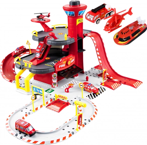 Garage de pompiers, 3 niveaux avec ascenseur, voitures + hélicoptère, 74 pièces