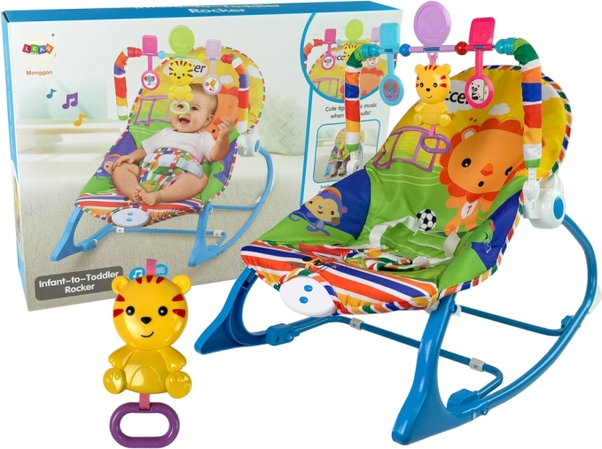 Schaukel-Liegesitz und Sessel 2-in-1 blau mit kleinem Tiger, Klänge und Vibrationen