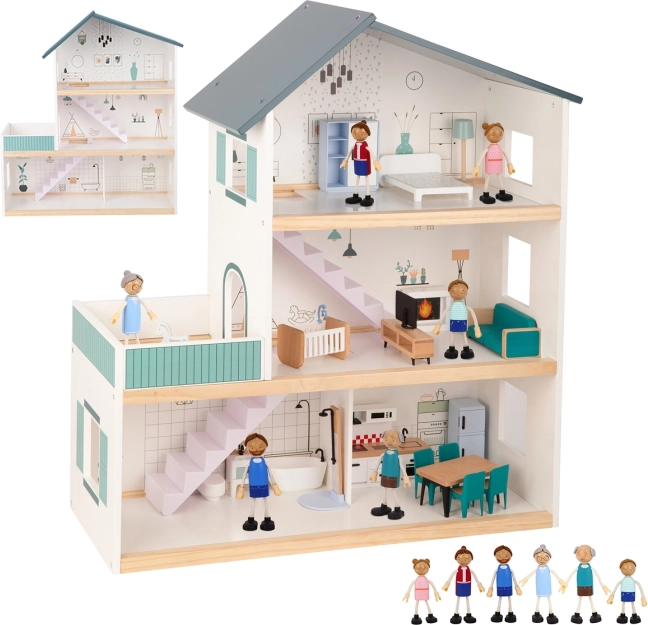 Large wooden dollhouse with figures FSC TOOKY TOY