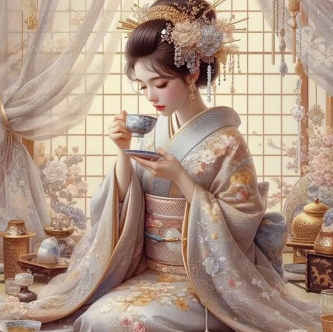 Peinture diamant Japonaise avec tasse de thé 30 × 40 cm