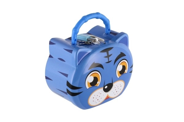 Spaarpot kat/tin kattenhoofd met slot 14x12cm 3 kleuren in plastic doos
