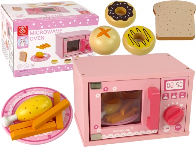 Wooden microwave for kids – pink set with play food
