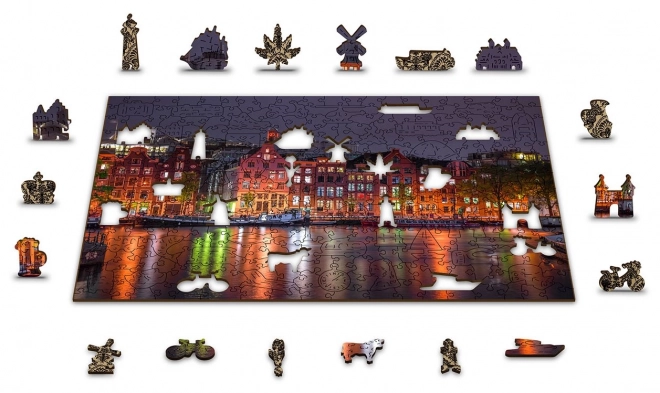 Houten puzzel Nachtelijk Amsterdam met unieke stukjes