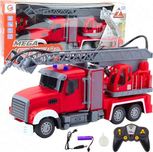 Camion de pompiers télécommandé avec bras extensible et fonction de pulvérisation d’eau 1:24