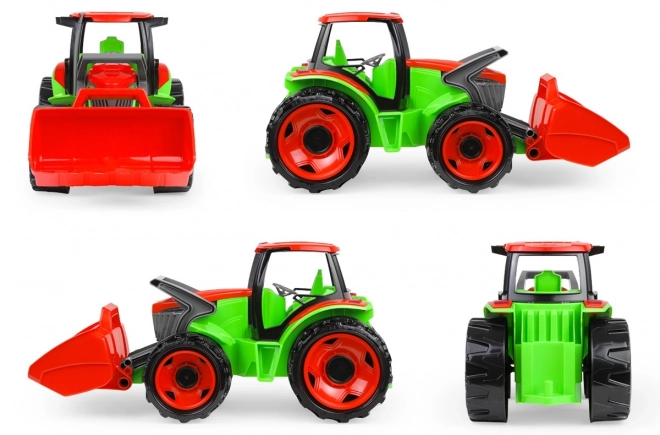 Red and Green Tractor with Loader and Trailer