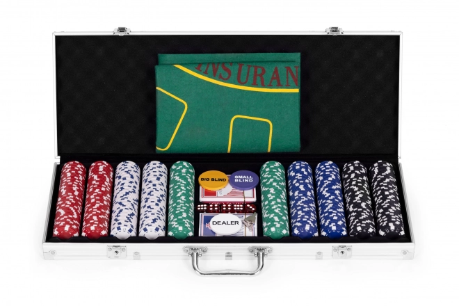 Poker- en blackjackset – 500 fiches, 2 kaartspellen, dobbelstenen, speelmat, afsluitbare koffer
